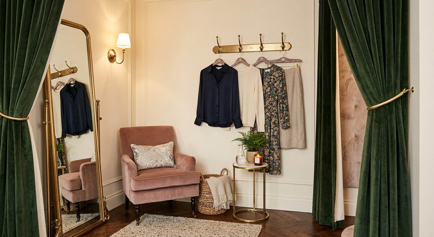 A calm, private fitting room with a cushioned chair, full-length mirror and drapes